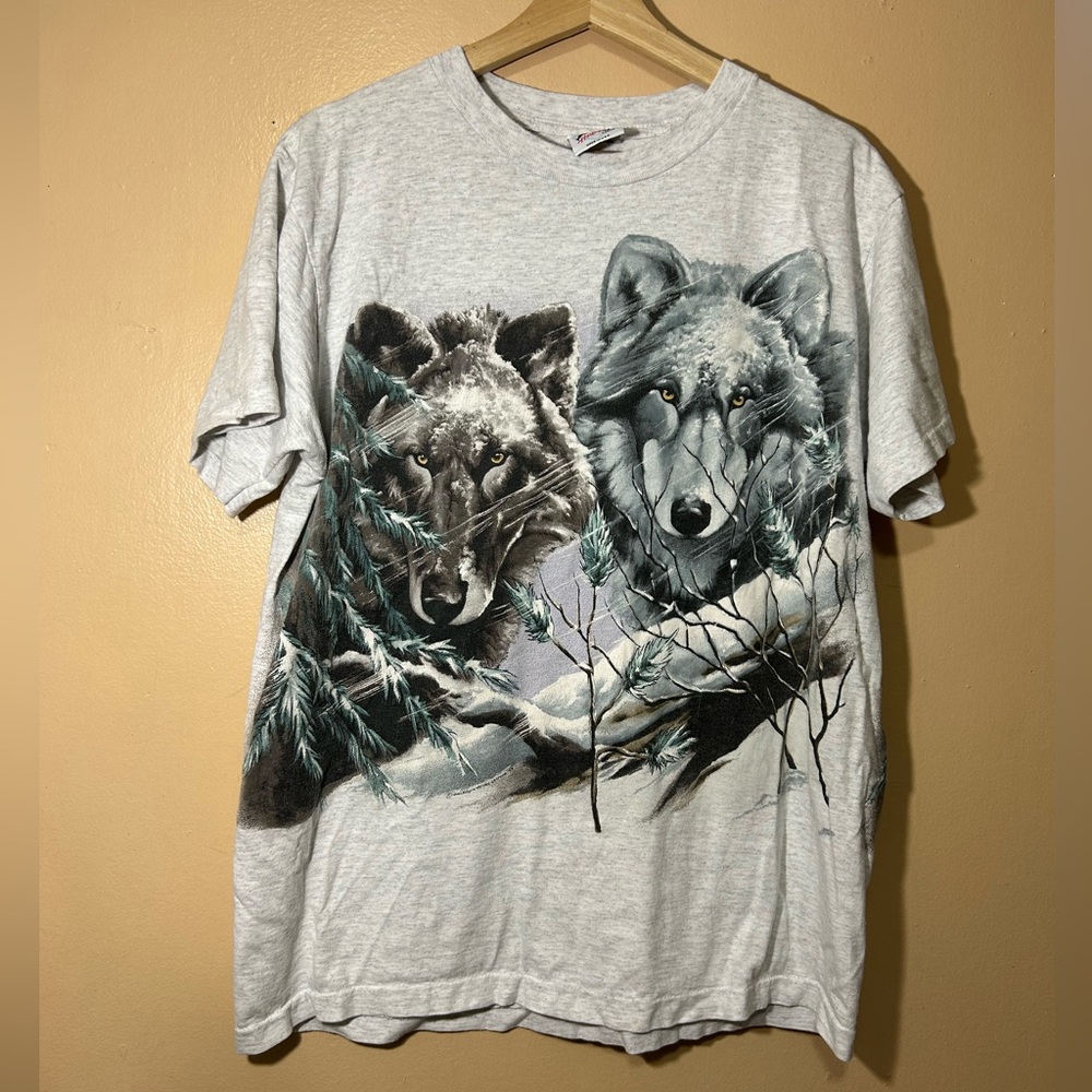 Vtg 1993 Harlequin Wolves Front + Back Graphic Shirt Single Stitch USA Made Sz L